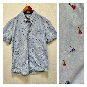 Vintage 7Diamonds Shirt Medium‎ SMK-5111 Light Blue Cotton Palm Tree Hula Girl